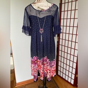 NWOT SJS Floral Dress, Navy Blue with Floral Bottom, Size L